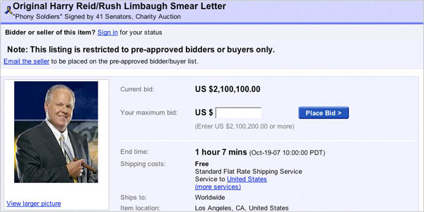 Rush Limbaugh's eBay auction page
